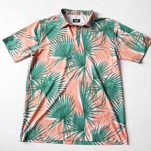 Waggle Tropic Palms Green and Peach Performance Polo Shirt Large